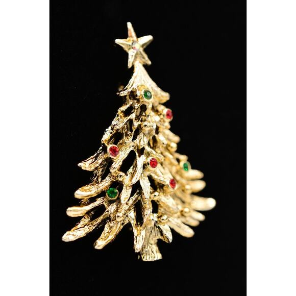 Tancer II Vintage Christmas Tree Pin Brooch Rhinestone Gold Holiday Signed BinAJ - Picture 3 of 12